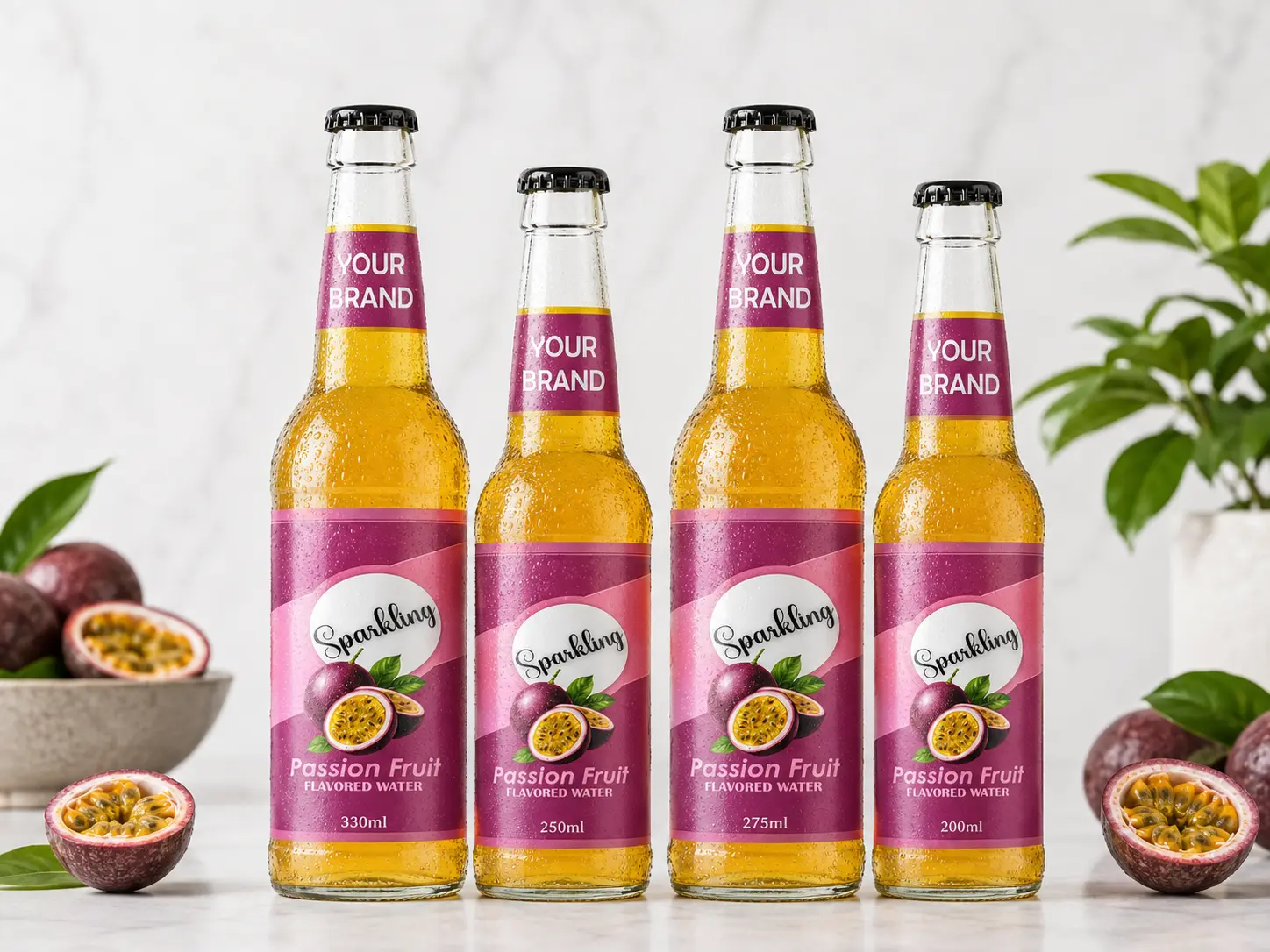 SPARKLING FLAVORED WATER Passion Fruit 330ml, 250ml, 275ml and 200ml glass bottles
